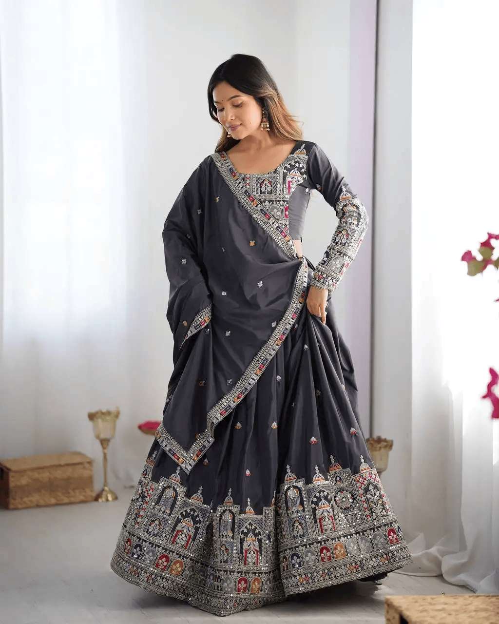 Women's Crepe Silk Sequence Embroidery and Zari Work Rajsthani Lehenga Choli with Dupatta - Image 6