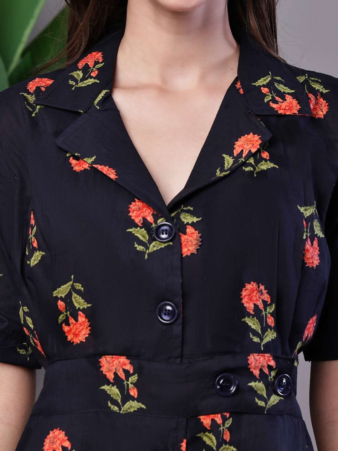 Women's Elegant Indigo & Orange Floral Block Print Cotton Shirt Dress - Image 5