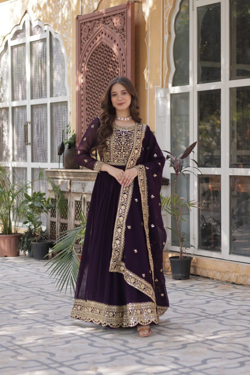 Women's Luxurious Plum Velvet Anarkali Gown with Heavy Gold Zari & Sequin Embroidery β Perfect for Weddings & Grand Festivities - Image 5